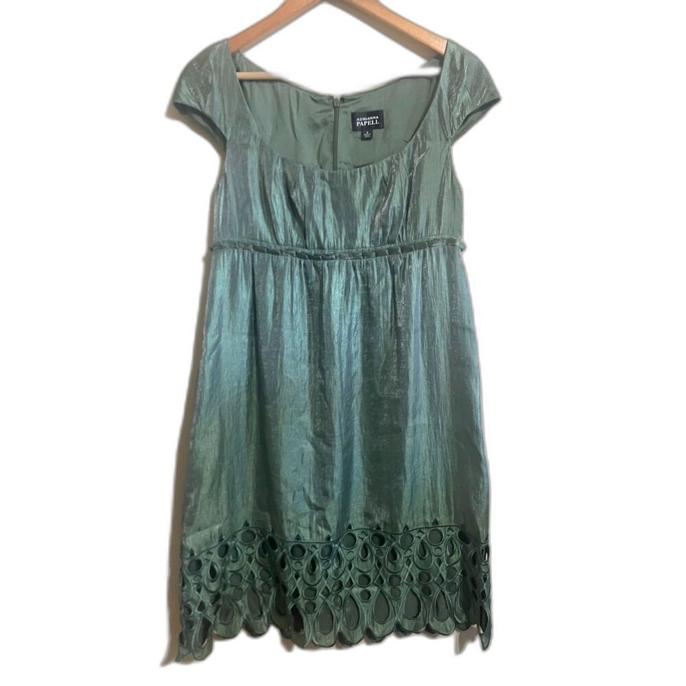 Adrianna Papell green empire waist dress sz 8 cocktail holiday party metallic
